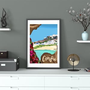 Korfu, Griechenland Reise-Kunstdruck | Geschenk für Sie/Ihn | Mykonos Achilleion Alte Festung Paleokastritsa Kassiopi Karte | Vintage-Plakatkunst