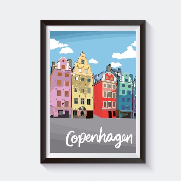 Kopenhagen, Dänemark Reise Kunstdruck | Geschenk für Ihn/Sie | Tivoli Gardens Die kleine Meerjungfrau Nyhavn Rosenborg Karte | Vintage Poster Kunst