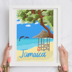 Jamaika, Karibik Reise Kunstdruck Kunstdruck | Geschenk für Sie und Ihn | Landkarte Montego Bay Ocho Rios Kingston Town Negril Bob Marley | Vintage Plakat-Kunst