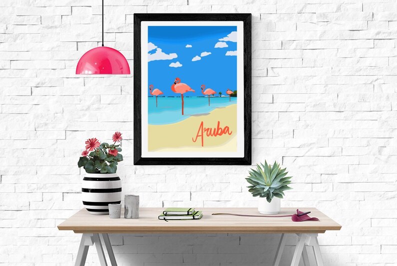 Map Set Wall Art Flamingo Bedroom Wall Art Aruba Gift for Him Her Boyfriend Homemade Unique Vintage Caribbean Travel Artwork Print