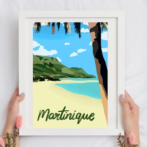 Martinique, oeuvre d'art de voyage dans les Caraïbes | Cadeau pour lui/elle | Carte créole de Fort-de-France Mount Pele Plages des Salines | affiche d'art vintage