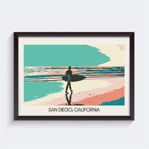 Impressão de viagem do estilo do cartão de San Diego, Califórnia de <br> Entrega Rápida? Presente para ele/ela | Pacific Beach LA Missão Oceanside Balboa Park | Pôster de arte vintage