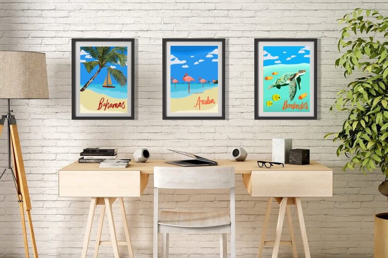 Map Set Wall Art Flamingo Bedroom Wall Art Aruba Gift for Him Her Boyfriend Homemade Unique Vintage Caribbean Travel Artwork Print