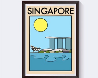 Minimalist, Abstract Singapore Travel Artwork Print | Gift for Him / Her / Boyfriend Homemade Unique Vintage | Marina Bay