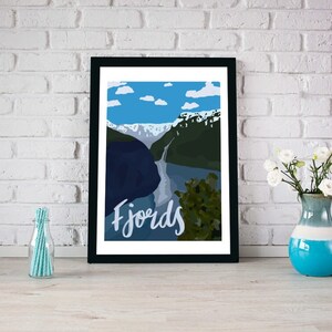 Fiordos Viajes Obra de Arte Impresión / Regalo para él/ella / Noruega Oslo Chile Nueva Zelanda Canadá Groenlandia Alaska Glaciar / Vintage Mapa Cartel Arte de pared