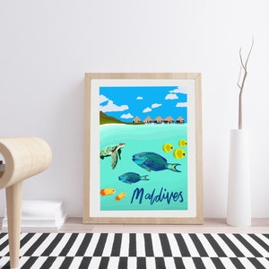Malediven Reise-Kunstdruck | Geburtstags-/Jahrestagsgeschenk für Sie/Ihn/Freund/Freundin/Vater/Mutter/Beste Freundin | Vintage-Kartenplakat, Kartenkunst