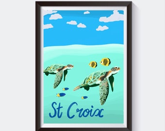 St Croix, US Virgin Islands Travel Artwork Print | Gift for Him/Her | Christiansted Frederiksted St. George | Caribbean Vintage Poster Art