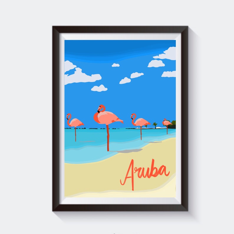 Map Set Wall Art Flamingo Bedroom Wall Art Aruba Gift for Him Her Boyfriend Homemade Unique Vintage Caribbean Travel Artwork Print