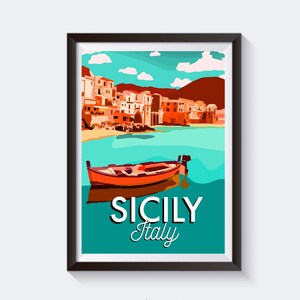 Vintage Sicily, Italy Orange & Blue Travel Print | Birthday Gift for Him/Her/Boyfriend/Girlfriend/Dad/Mum/Best Friend | Retro Map Poster Art