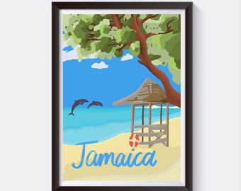 Jamaica, Caribbean Travel Artwork Print | Gift for Him/Her | Map Montego Bay Ocho Rios Kingston Town Negril Bob Marley | Vintage Poster Art