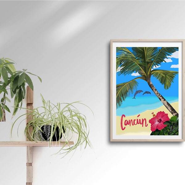 Cancun, Mexico Travel Artwork Print | Gift for Him/Her | Dolphin Acuáticos Playa Norte Delfines La Isla Xoximilco Punta | Vintage Poster Art