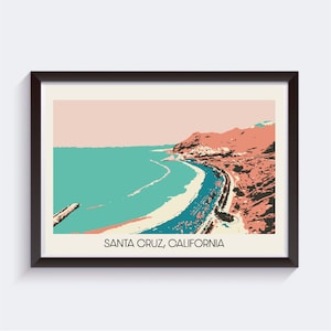 Impressão de viagem do estilo do cartão de Santa Cruz, Califórnia de <br> Entrega Rápida? Presenteie ele/ela | Monterey Bay LA Pacific Avenue San Diego Surf Malibu | Pôster vintage