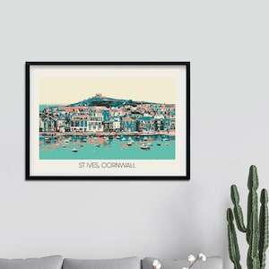 Impression de voyage de style carte postale à St Ives, Cornouailles | Cadeau d'anniversaire/de mariage pour lui/elle/petit ami/petite amie/papa/maman/meilleur ami | affiche d'art vintage