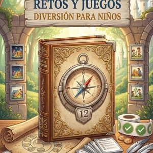 Puede incluir: Un libro marrón con una brújula en la portada, titulado RETOS Y JUEGOS DIVERSION PARA NINOS. Incluye un mapa de progreso enrollado, un mazo de cartas, dos plumas, un rollo de pegatinas verdes y el texto Guia Completa de Aprendizaje Familiar.