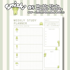 May include: A5 weekly study planner insert featuring light green Smiski character illustrations. The layout includes a grid for days of the week, a to-do list, and a goals section. Text includes "WEEKLY STUDY PLANNER", "little by little, every day", and "Brain is not responding. Do you want to close book?".