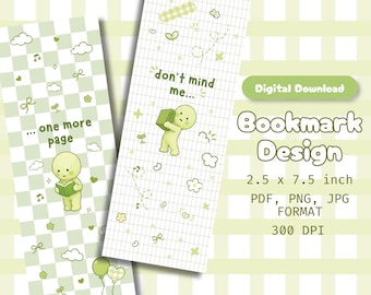 Bookish Smiski Bookmark Design, Green Kawaii Bookmark PNG JPG PDF Bundle