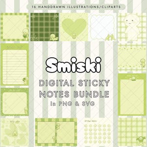 Op de afbeelding: Een digitale bundel van 16 handgetekende memoblaadjes met lichtgroene Smiski-karakterillustraties. De collectie bevat diverse geruite, gelinieerde en blanco notitiesjablonen in PNG- en SVG-formaat, weergegeven tegen een gestreepte achtergrond.