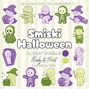 May include: A digital clipart bundle titled Smiski Halloween featuring 33 illustrations of small characters in various costumes including mummies, skeletons, witches, and ghosts, presented in purple and green colorways with PNG and SVG file formats.