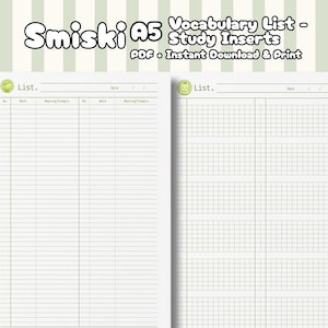 Könnte beinhalten: Zwei A5-Lernvorlagen mit grünem Raster- und Zeilenlayout. Oben befindet sich ein kleines grünes Charakter-Symbol, der Text 'List.' und ein Datumsfeld. Der Kopfzeilentext lautet 'Smiski A5 Vocabulary List - Study Inserts PDF - Instant Download & Print'.