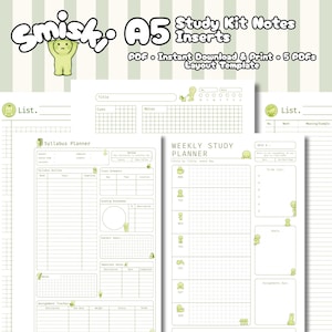 May include: A5 study kit notes inserts featuring a light green color scheme. The pages include a syllabus planner, weekly study planner, and list templates with grid and lined sections. Text includes Smiski, A5 Study Kit Notes Inserts, PDF, Instant Download & Print, 5 PDFs Layout Template, Syllabus Planner, and Weekly Study Planner.