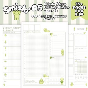 Op de afbeelding: A5-formaat digitale planner-inlays met lichtgroene cartoon-illustraties. De pagina's bevatten een wekelijkse studieplanner, een dagelijkse rasterindeling met een takenlijst en een maandoverzicht. Tekst: Smisk A5 Whole Store Listing Binder Inserts, PDF Instant Download & Print, 15+ Pages for 9.99.