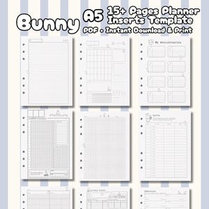Pode incluir: Um conjunto de inserções para planejador A5 com ilustrações de coelhos. As páginas incluem papel pautado, um calendário mensal, um rastreador de aniversários, uma lista de tarefas, papel quadriculado, registro de presentes e um catálogo de endereços.