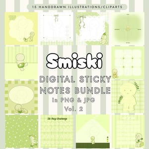 May include: A digital sticky notes bundle featuring 15 hand-drawn illustrations of Smiski characters in various light green settings. The text reads Smiski DIGITAL STICKY NOTES BUNDLE In PNG & JPG Vol. 2. Each square graphic displays unique patterns.