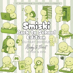 May include: A digital clipart bundle featuring 31 hand-drawn illustrations of pale green Smiski figures in various school-themed poses, including reading, using a laptop, and carrying a backpack, with the text Smiski Back to School Edition.