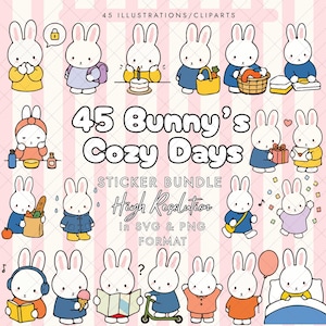 Puede incluir: Un paquete de pegatinas digitales con 45 ilustraciones de un conejo blanco de dibujos animados en diversas actividades, como leer, comer y jugar. El texto dice 45 Bunny's Cozy Days, Sticker Bundle, High Resolution, In SVG & PNG Format.