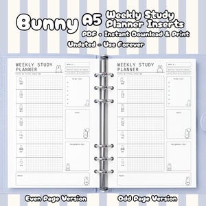 May include: A5 weekly study planner inserts featuring a bunny theme. The pages include sections for weekly schedules, to-do lists, goals, and assignments. Text includes 'Bunny A5 Weekly Study Planner Inserts', 'PDF - Instant Download & Print', and 'Undated - Use Forever'.