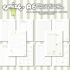 May include: A collection of A6 planner inserts featuring Smiski character illustrations. The set includes various printable PDF templates such as address logs, grid pages, lined sheets, and task lists, all decorated with small green figures.