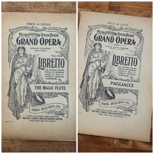 May include: Two vintage paper libretto booklets for Metropolitan Opera House Grand Opera productions. The left booklet is The Magic Flute, priced at 35 cents. The right booklet is Pagliacci, priced at 40 cents. Both feature an illustration of a woman holding a lyre.