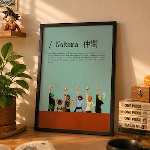 Puede incluir: Un póster vertical enmarcado con fondo azul claro y un borde inferior naranja oscuro. El texto dice / Nakama 仲間 seguido de una definición. Debajo del texto, seis figuras de arte píxel están de pie con los brazos levantados.