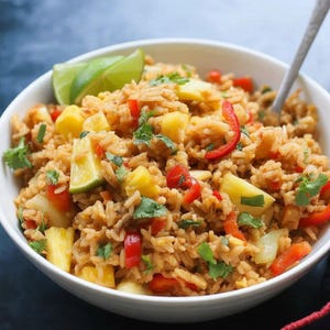 Puede incluir: Un cuenco blanco lleno de arroz frito que contiene trozos de piña amarilla, rodajas de pimiento rojo brillante y hojas de cilantro verde. Un gajo de lima fresca descansa sobre el arroz y una cuchara de plata está parcialmente sumergida.