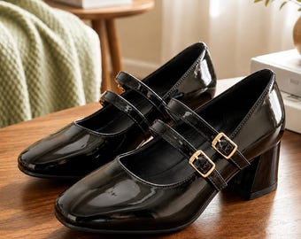 Patent Leather Double Strap Mary Jane Heels, Vintage Block Heel Pumps