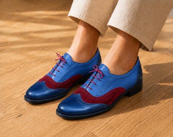 Chaussures richelieu bicolores pour femmes, richelieus bleus à lacets bordeaux, chaussures d'inspiration vintage