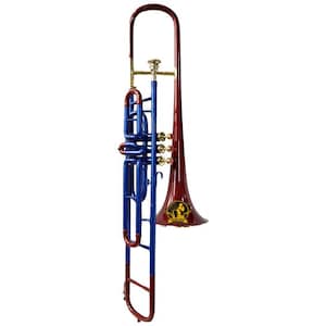 May include: A vertical trombone featuring a deep red bell and slide sections, contrasted with bright blue tubing and brass valve caps. The bell displays a circular gold logo with a silhouette of a musician and the text Sound-Saga Instruments.