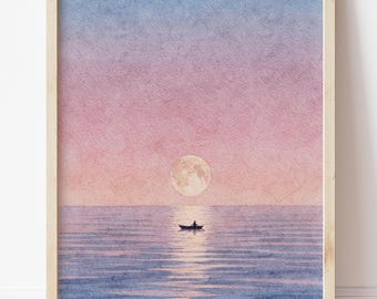 Stampa ad acquerello dell'oceano al chiaro di luna, arte murale costiera, paesaggio marino rosa stampabile, decorazione romantica da spiaggia, opera d'arte dell'oceano con la luna piena, estetica rilassante