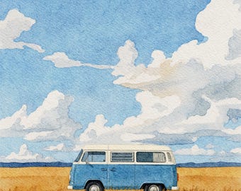 Vintage Camper Van Aquarell Druck, Jungen Dekor, Abenteuer Kinderzimmer Kunst, Road Trip, Reise Landschaft druckbare Download
