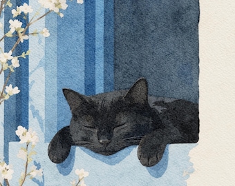 Stampa ad acquerello di un gatto nero, gatto addormentato da appendere al muro, decorazione accogliente per finestre, stampa per la casa in stile cottage, poster floreale con gatto, arte minimalista con animali