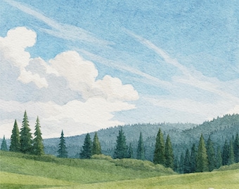 Pastorale schapenweide aquarel print, platteland landschap kunst aan de muur, decor van de boerderij, groene veld afdrukbare kunst, rustieke natuur