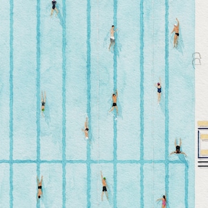 Akvarelltryck med pool, minimalistisk sommarväggkonst, modern poolsideposter, kustdekor, utskrivbar blå väggkonst