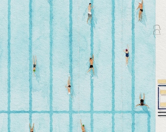 Lámina de acuarela de piscina, arte mural minimalista de verano, póster moderno para la piscina, decoración costera, arte mural azul imprimible