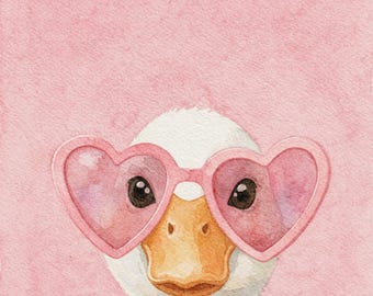 Cute Duck Watercolor Print, Pink Nursery Wall Art, Funny Duck Poster, Farm Animal Decor, Heart Sunglasses Duck, Printable Kids Room Decor