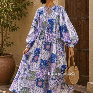 Handmade Lavender Patchwork Block Print Cotton Dress | Women's Boho Midi Dress | Balloon Sleeve Dress | Relaxed Fit Pocket Cotton Dress
