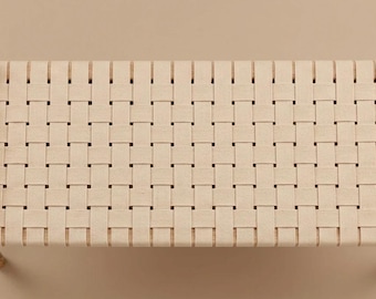 Handwoven Cotton Webbing Bench, Solid Wood Entryway Bench, End of Bed Bench, Boho Scandinavian Japandi Farmhouse Woven Bench