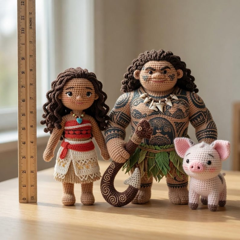 May include: Three crocheted dolls including a female figure with long brown hair, a large male figure with dark hair and tattoos holding a brown hook, and a small pink pig. A wooden ruler shows the female doll is approximately 8 inches tall.