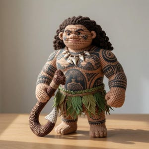 May include: A crocheted amigurumi doll featuring a tan figure with dark brown curly hair, intricate black tribal-style tattoos covering the chest and arms, a white shark tooth necklace, and a green leaf skirt, holding a brown crocheted fish hook.