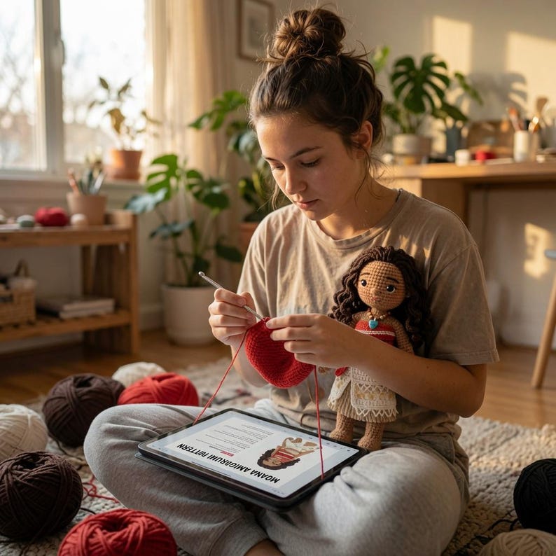 May include: A crochet doll with long dark wavy hair, wearing a red and white outfit with a blue pendant, held alongside a tablet displaying a Moana amigurumi pattern. Red yarn is being worked with a silver crochet hook near the tablet screen.