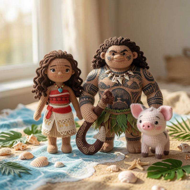May include: Three crocheted dolls featuring a female figure with long brown hair in a red and white outfit, a large male figure with dark hair, intricate black tattoos, a shell necklace, and a brown hook, and a small pink pig with dark spots.